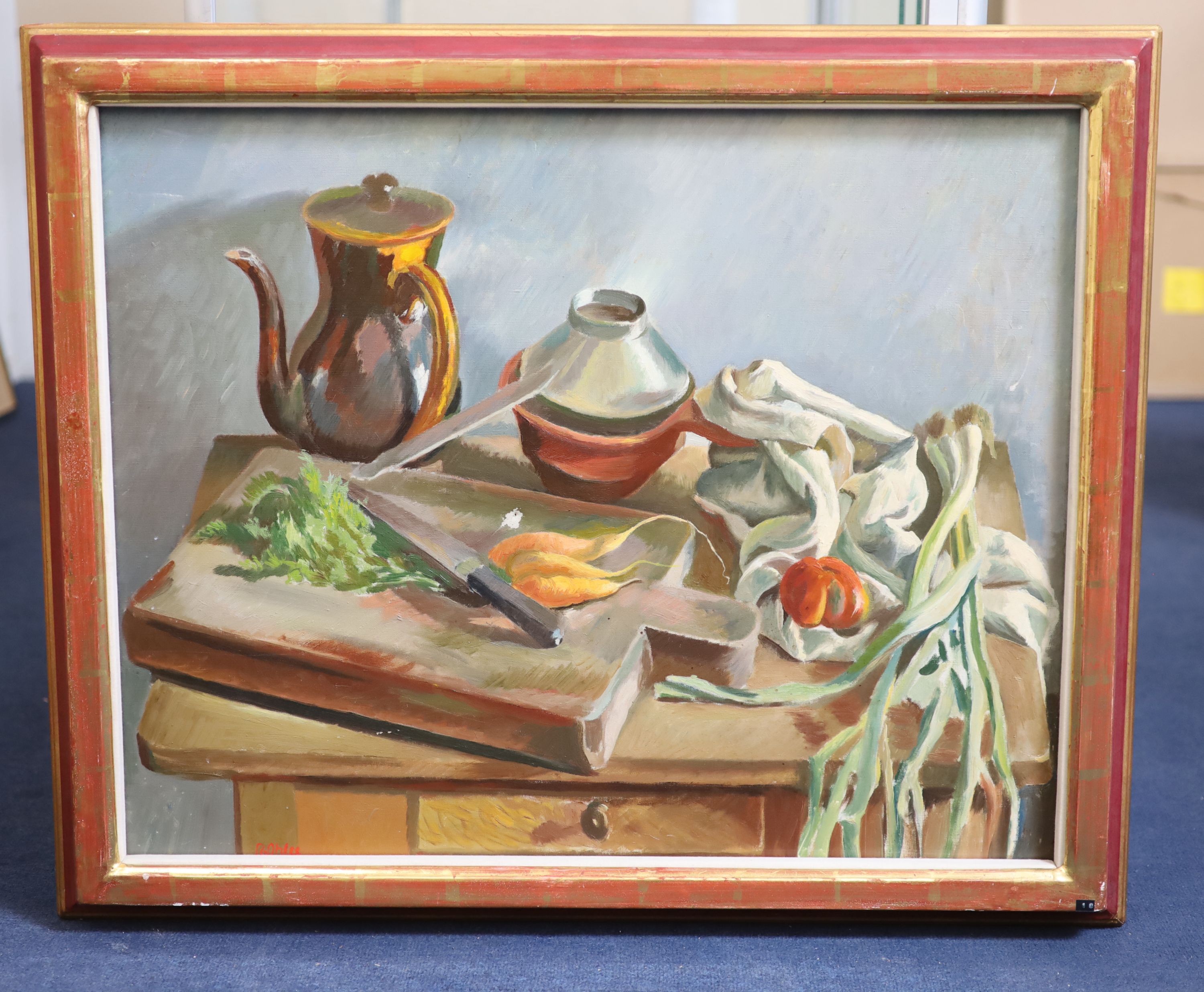 Rudolf Ihlee (1883-1968), Still life with chopping board, Oil on canvas, 58 x 72cm.